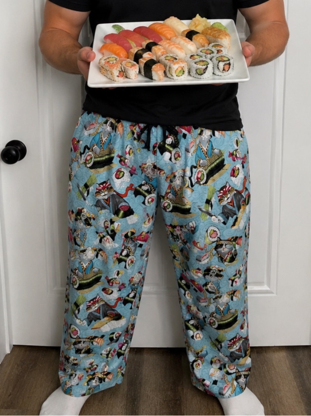 Pajama Dave’s Light Blue Novelty Sushi & Ninja Cat Print Lounge Pants. Size‎ XL.